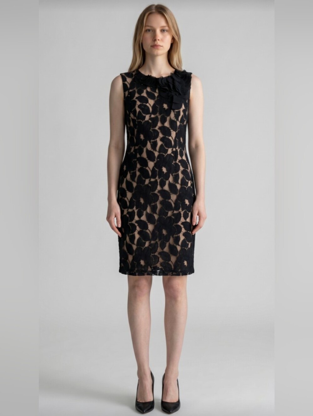 LIV! SILHOUETTE BLACK LEAVES OVER NUDE CHIFFON FLUTTERY NECK DETAIL DRESS! SZ 12